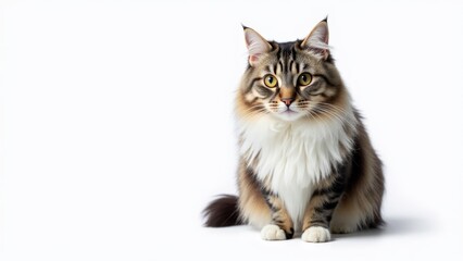 Elegant grey and white Maine Coon cat with thick fur, sitting on a white background with room for text