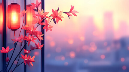 Red Flowers and Lanterns at Sunset Illustration