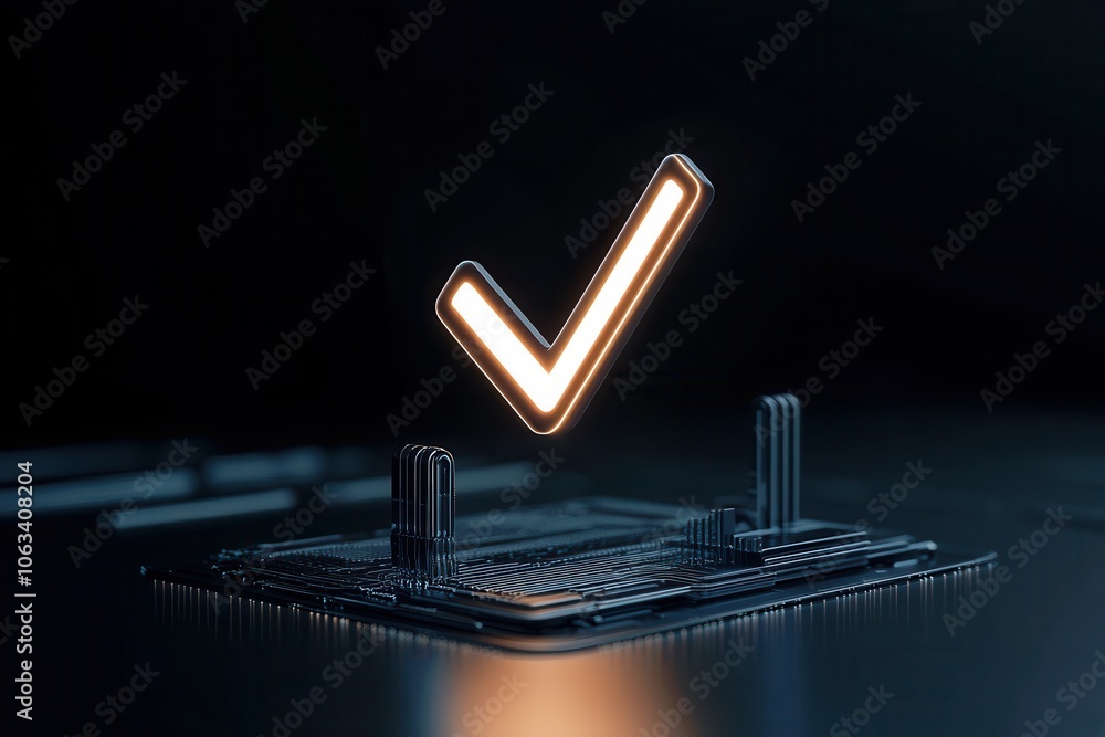 Poster a glowing check mark above a circuit board symbolizes validation and success in technology and elect