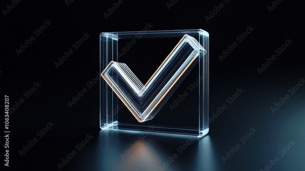 Poster a translucent checkmark icon encased in a glass-like cube, symbolizing approval or completion, set a