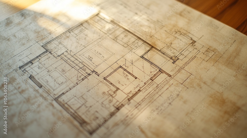 Poster detailed floor plan of a home, showing labeled rooms, precise measurements, and marked structural el