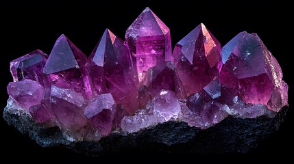 Fototapeta premium Deep purple amethyst crystal cluster showcasing natural mineral formations, geometric crystal points, and translucent gemstone texture captured with dramatic lighting.