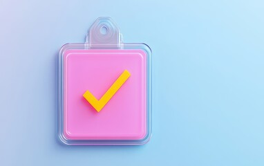 A pink checkmark icon set against a blue background, symbolizing approval or completion, presented in a modern and simplistic design.
