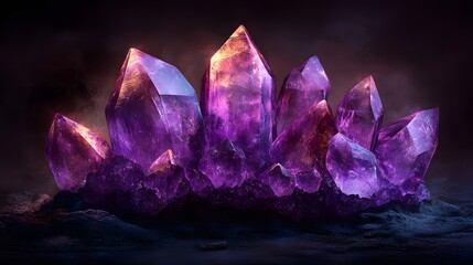 Deep purple amethyst crystal cluster showcasing natural mineral formations, geometric crystal points, and translucent gemstone texture captured with dramatic lighting.
