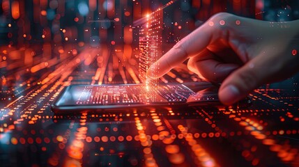 Close-up of a hand holding a smartphone, scanning a QR code, futuristic background with digital grids and holographic data displays, e-commerce and technology concept