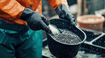 A person in waterproof gear scooping black pearls from a container in a wet environment.