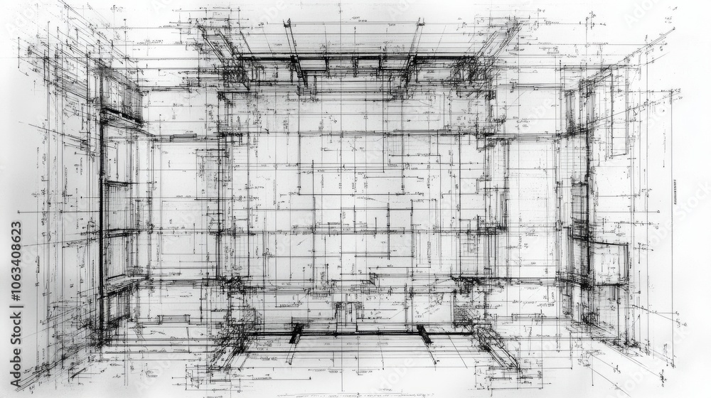 Poster residential blueprint close-up with clearly labeled rooms, structural lines for walls and beams, and