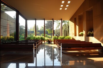 Fototapeta premium The serene interior of a modern funeral hall features sunlight streaming through large windows