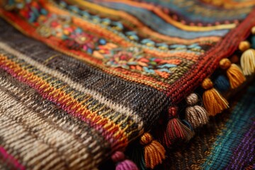 Colorful textile showcases intricate designs, highlighting expert weaving craftsmanship