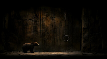 Bear in a Dark Room, brown bear, grizzly bear, stone wall, chain, metal ring