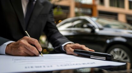 Fototapeta premium A businessman writing on paperwork with a black car in the background