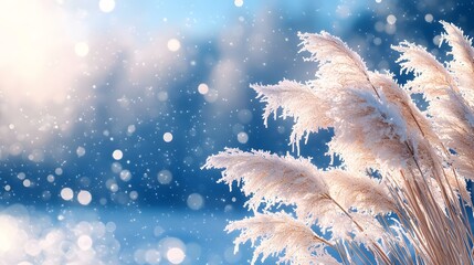 Snow-covered reeds against winter sky with crystalline snowflakes, frozen lake background, mountain silhouettes, and delicate frost details in soft winter sunlight.