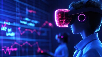 Person immersed in virtual reality experience, wearing VR headset with neon lights and analyzing data on digital screen in futuristic setting.