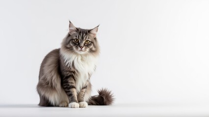 Obraz premium Elegant grey and white Maine Coon cat with soft, fluffy fur, sitting on a white background with room for text