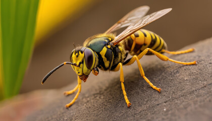The vibrant yellow and black wasp rests on a textured surface, showcasing its distinct features under natural light, surrounded by greenery