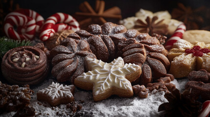 Fototapeta premium Holiday cookies—sugar stars, cinnamon snowflakes, and chocolate peppermint—arranged with candy canes, dusted with powdered sugar on a dark background. Warm light adds a cozy, inviting feel.