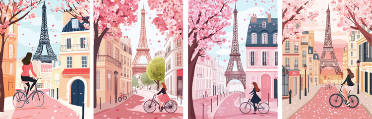 Paris spring streets with blooming sakura and Eiffel Tower Romantic cityscape with woman riding bicycle Pink colors French architecture Travel and tourism concept Holiday and vacation theme