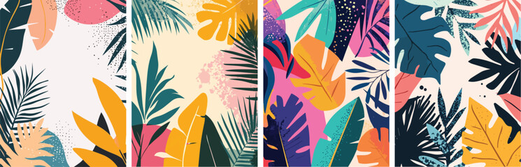 Obraz premium Tropical leaves background Summer banner Exotic jungle plant wallpaper pattern Colorful nature illustration Abstract art print Botanic design template Trendy floral greeting card set