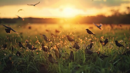 A collection of birds aligned in a field of green grass as the sun descends