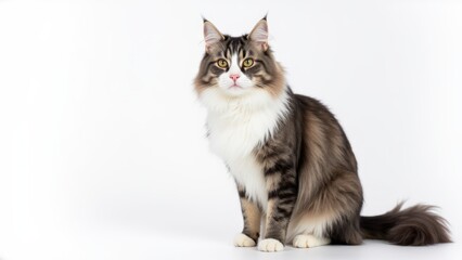 Obraz premium Close-up portrait of a grey and white Maine Coon cat with detailed fur and expressive eyes on a plain background