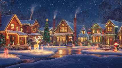Fototapeta premium A vibrant outdoor scene of houses adorned with colorful Christmas lights, including candy canes and glowing reindeer. Snow covers the rooftops, and light reflections shimmer on the ground