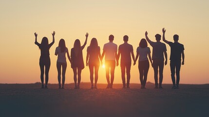Fototapeta premium A group of friends stands together at sunset, waving joyfully, symbolizing friendship and togetherness.