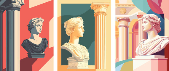 Antique sculpture bust art gallery exhibition ancient Greek Roman statue head classic aesthetic culture history museum stone artwork architectural column pillar heritage mythology renaissance vintage