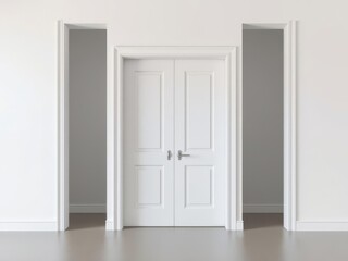 A collection of white open and closed doors with doorframes on a clean white background, concept, closed doors