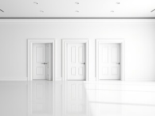 Fototapeta premium A collection of white open and closed doors with doorframes against a white background, home decor, entrance