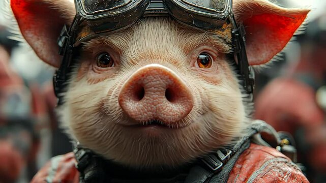 Pig soldier playfully posing with his squad while showcasing a range of humorous facial expressions
