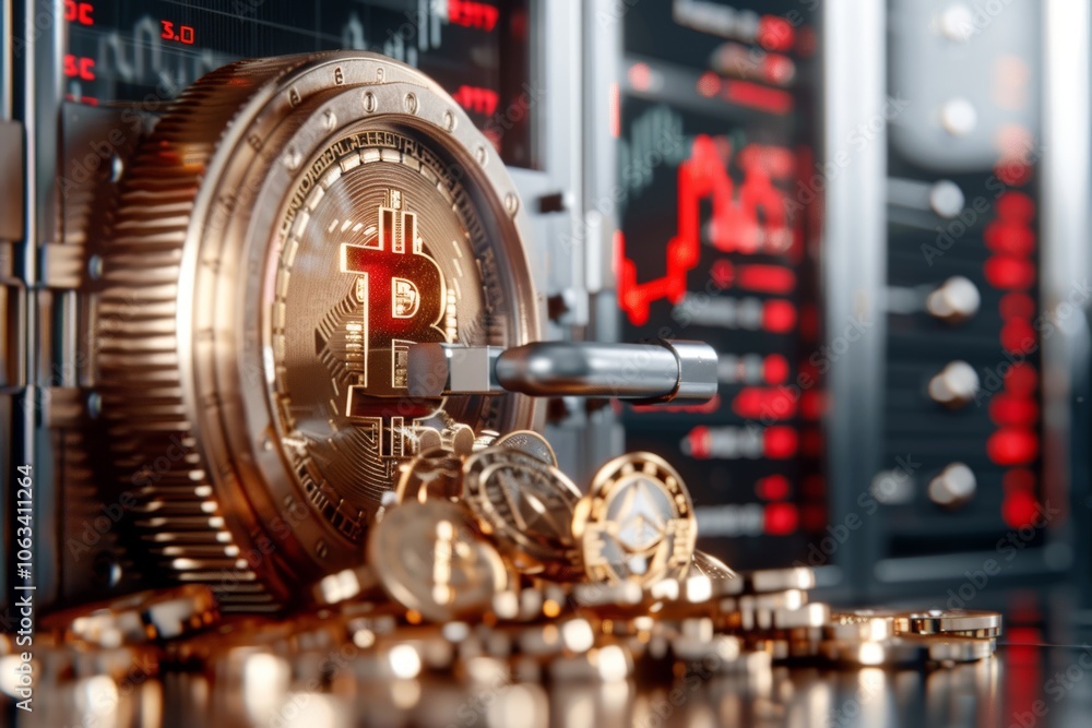 Aufkleber bitcoin security concept with digital lock in financial data environment