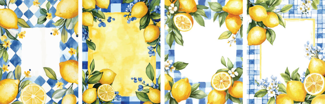 Watercolor lemon frame collection Fresh lemons leaves and flowers on blue checkered background Ideal for summer invitations stationery branding or social media posts Lemon citrus fruit design for