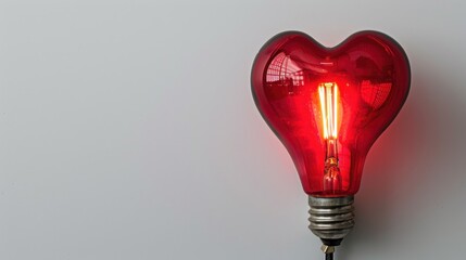 A glowing red heart-shaped light bulb against a white background