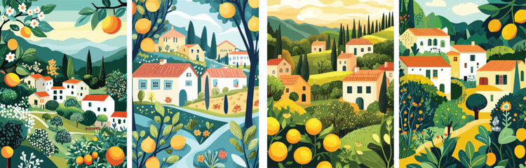 Tuscan landscape Italy countryside village houses orange trees flowers nature summer spring travel tourism Italy illustration Mediterranean scenery picturesque charming tranquil serene idyllic