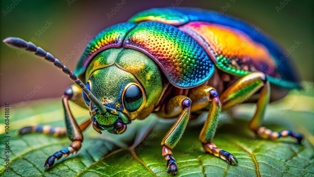 Poster a vividly colored beetle displays its intricate patterns while perched on a leaf in a sunny garden. 