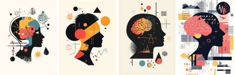 Human head silhouettes with abstract colorful shapes brain activity psychology mental health neurology neuroscience intelligence creativity imagination innovation thinking learning knowledge wisdom