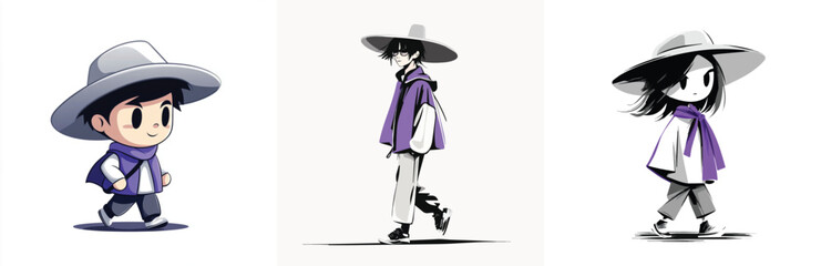 Three cartoon characters walking wearing hats and purple accessories Character design Walking cycle animation Illustration Fashionable characters Street style Trendy outfits Cartoon illustration