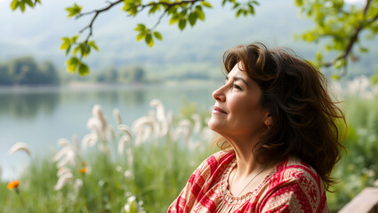 Beautiful mature woman enjoying peace and tranquility of the nature