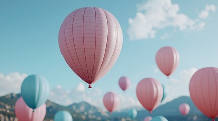 Obraz premium Description:** Colorful hot air balloons ascend against a clear sky, surrounded by mountains, creating a cheerful and serene atmosphere.