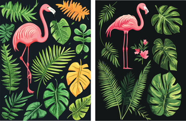 Pink flamingo tropical exotic bird with colorful jungle palm leaves Tropical jungle leaves background Summer poster design Exotic nature decoration Flamingo bird and tropical leaves Summer beach