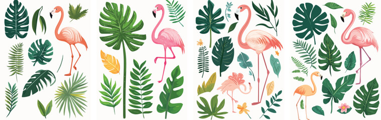 Pink flamingo tropical exotic bird with jungle leaves set Exotic flamingo bird and green tropical jungle palm monstera leaves and fern floral composition Exotic summer decoration design for party