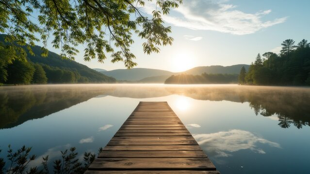 A wooden pier leading into the water at sunrise