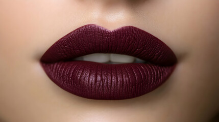 Obraz premium Closeup of Woman's Lips with Burgundy Lipstick, dark red, beauty, makeup, cosmetics, gloss