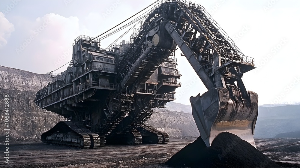 Poster massive excavator scooping coal in large open-pit mining