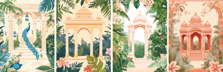 Luxury palace garden with peacock tropical plants and flowers Indian architecture elements Romantic oriental background Mughal style building Exotic landscape wallpaper design Jungle botanical