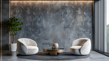 Obraz premium A modern waiting room with a grey wall and a cosy armchair