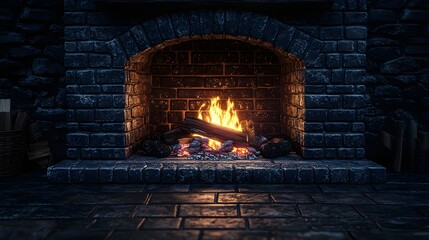 Traditional brick fireplace with roaring flames inside stone hearth, featuring dramatic lighting and textured brick walls creating warm, cozy, and moody atmosphere.