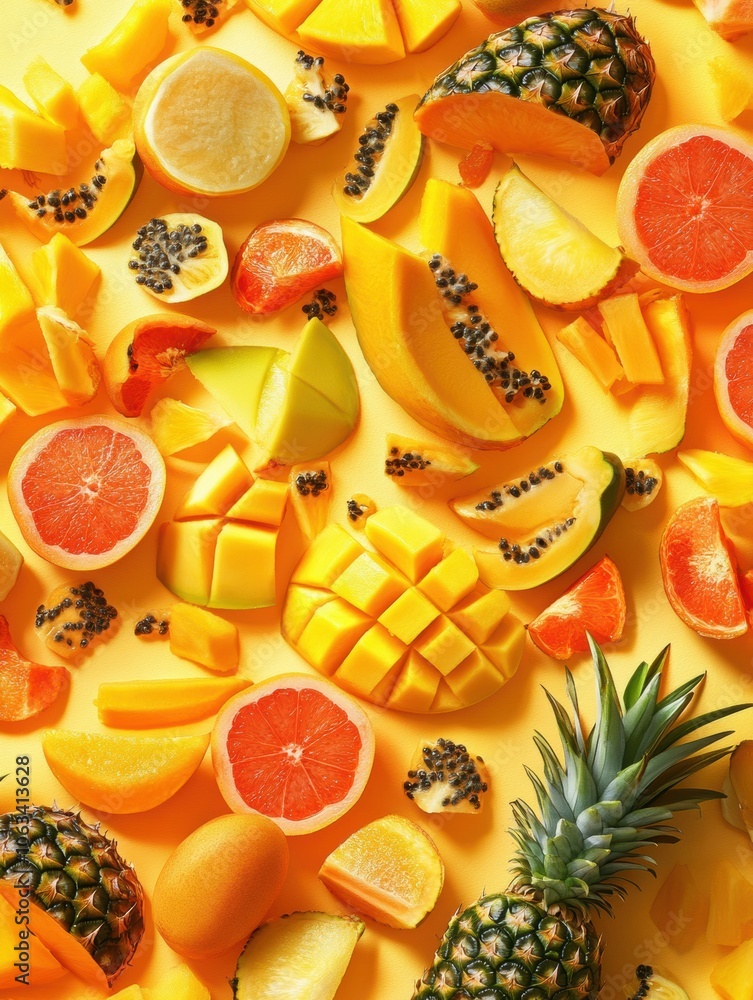 Poster slices of colorful tropical fruits including mangoes, pineapples, and papayas create a lively and br