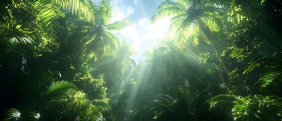Obraz premium A vibrant and lush tropical rainforest, filled with tall palm trees and dense greenery, illuminated by sunlight streaming through the canopy, creating a serene and tranquil atmosphere.