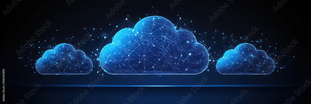 Poster three blue cloud computing icons connected by lines on a dark background.